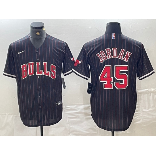 Men's Chicago Bulls #45 Michael Jordan Black Pinstripe Cool Base Stitched Baseball Jerseys - Ujersey