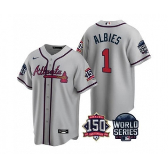 Men's Atlanta Braves #1 Ozzie Albies 2021 Gray World Series With 150th Anniversary Patch Cool Base Baseball Jersey - Ujersey