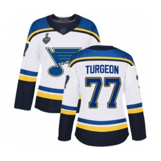 Women's St. Louis Blues #77 Pierre Turgeon Authentic White Away 2019 Stanley Cup Final Bound Hockey Jersey - Ujersey