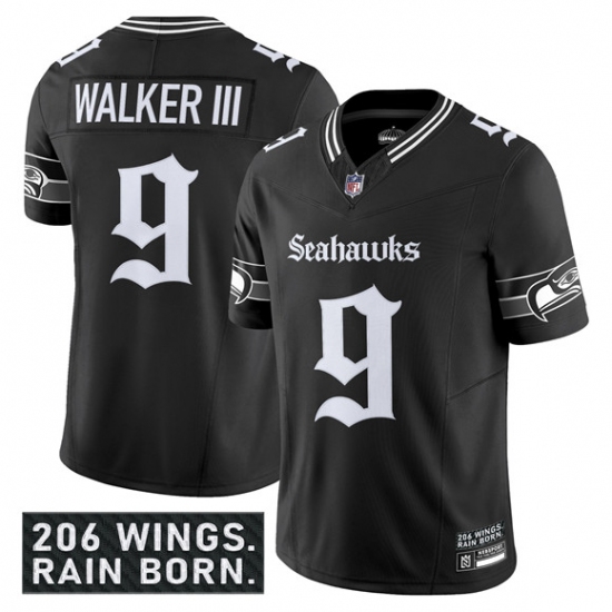 Men's Seattle Seahawks #9 Kenneth Walker III Black 2025 F.U.S.E. 'Gothic Rain City Shadows Edition' Vapor Limited Football Stitched Jersey - Ujersey