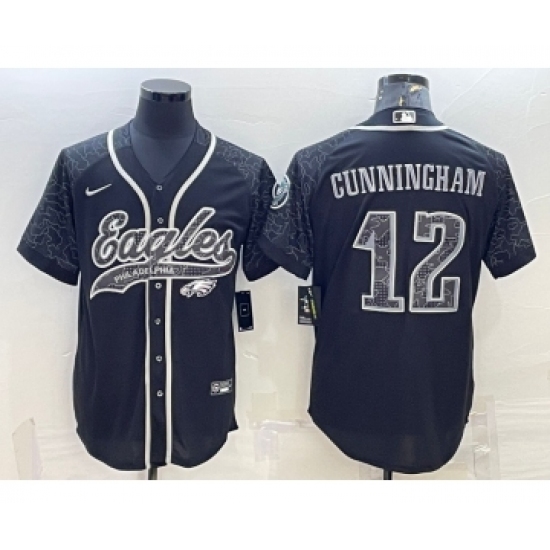 Men's Philadelphia Eagles #12 Randall Cunningham Black Reflective With Patch Cool Base Stitched Baseball Jersey - Ujersey