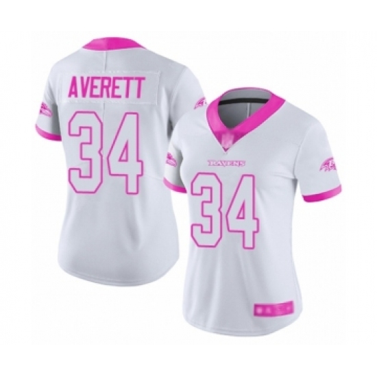 Women's Baltimore Ravens #34 Anthony Averett Limited White Pink Rush Fashion Football Jersey - Ujersey