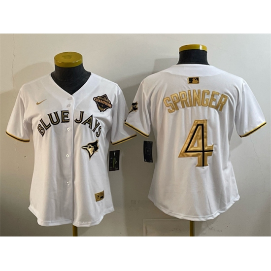 Women's Toronto Blue Jays #4 George Springer White Gold 2025 American League Champions Limited Stitched Baseball Jersey(Run Small) - Ujersey