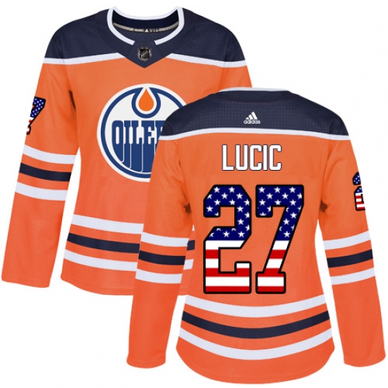 Women's Adidas Edmonton Oilers #27 Milan Lucic Authentic Orange USA Flag Fashion NHL Jersey - Ujersey