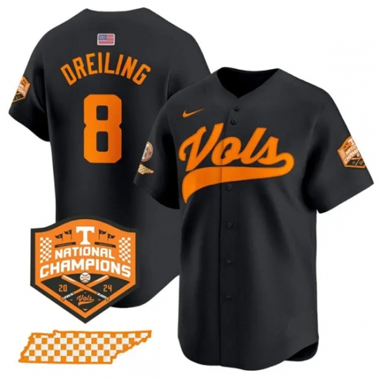 Men's Tennessee Volunteers #8 Dylan Dreiling Black 2024 Champions Vapor Limited Baseball Stitched Jersey - Ujersey