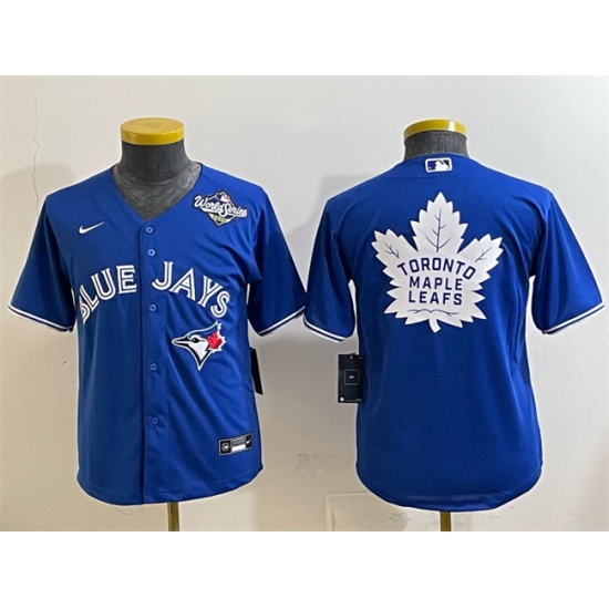 Youth Toronto Blue Jays & Leafs Royal 2025 World Series With White Leafs Logo Cool Base Stitched Baseball Jersey