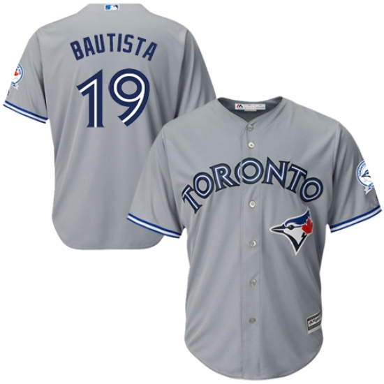 Men's Majestic Toronto Blue Jays #19 Jose Bautista Replica Grey Road 40th Anniversary Patch MLB Jersey