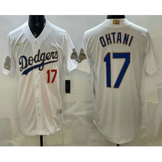 Men's Los Angeles Dodgers #17 Shohei Ohtani White Gold World Series Champions Collection Limited Jersey