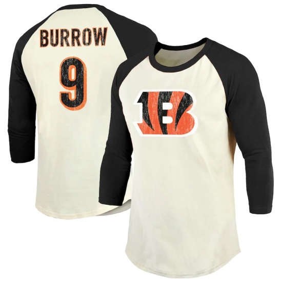 Men's Cincinnati Bengals #9 Joe Burrow Majestic Threads Cream Black Vintage Inspired 3 4 Sleeve Name & Number T-Shirt.webp - Ujersey