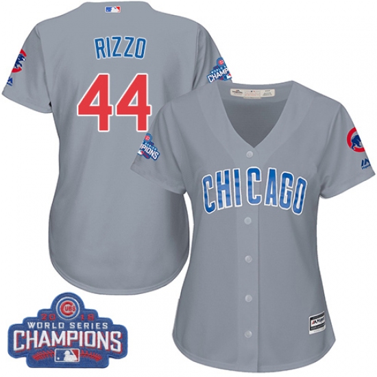 Women's Majestic Chicago Cubs #44 Anthony Rizzo Authentic Grey Road 2016 World Series Champions Cool Base MLB Jersey - Ujersey