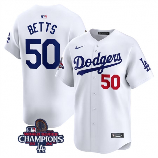 Men's Los Angeles Dodgers #50 Mookie Betts White 2024 World Series Champions Home Limited Stitched Baseball Jersey - Ujersey