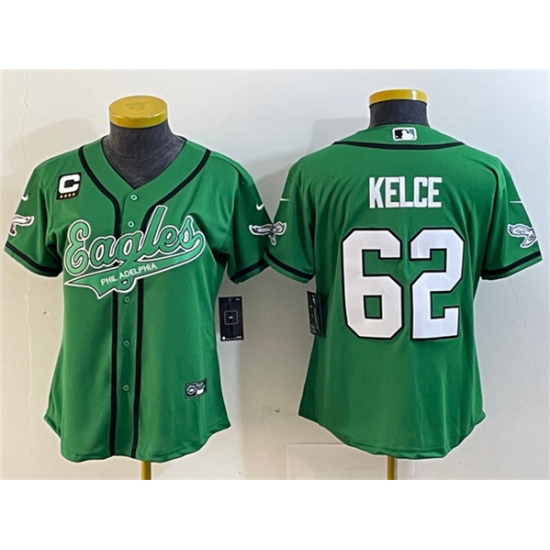Women's Philadelphia Eagles #62 Jason Kelce Green With 4-Star C Cool Base Stitched Baseball Jersey - Ujersey