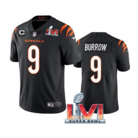Men's Cincinnati Bengals #9 Joe Burrow 2022 Black With C Patch Super Bowl LVI Vapor Limited Stitched Jersey - Ujersey