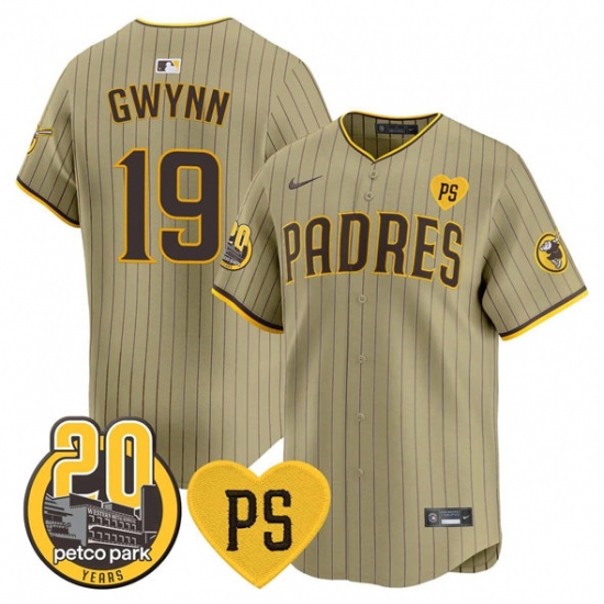 Men's San Diego Padres #19 Tony Gwynn Tan 'For Peter' And Petco Park 20th Limited Stitched Baseball Jersey - Ujersey