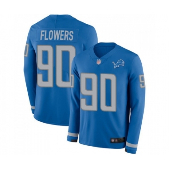 Men's Detroit Lions #90 Trey Flowers Limited Blue Therma Long Sleeve Football Jersey - Ujersey