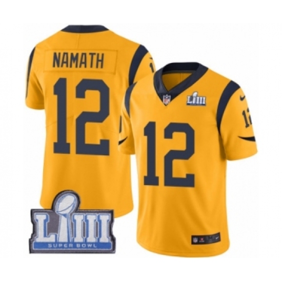 Men's Nike Los Angeles Rams #12 Joe Namath Limited Gold Rush Vapor Untouchable Super Bowl LIII Bound NFL Jersey - Ujersey