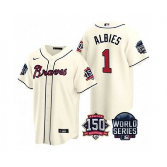 Men's Atlanta Braves #1 Ozzie Albies 2021 Cream World Series With 150th Anniversary Patch Cool Base Baseball Jersey - Ujersey