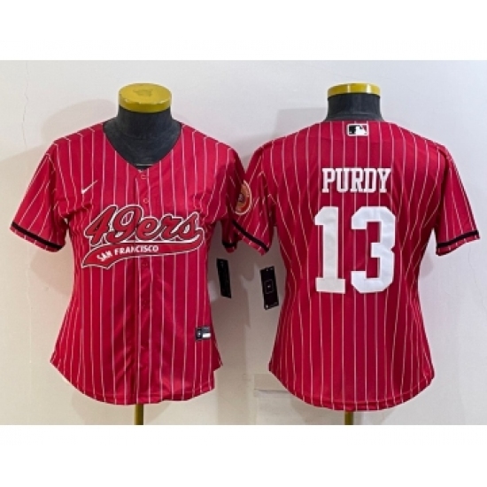 Women's San Francisco 49ers #13 Brock Purdy Red Pinstripe With Patch Cool Base Stitched Baseball Jersey - Ujersey