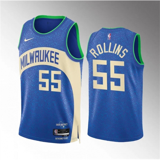 Men's Milwaukee Bucks #55 Ryan Rollins 2023-24 Blue City Edition Stitched Basketball Jersey - Ujersey