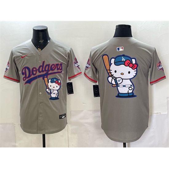 Men's Los Angeles Dodgers Team Big Logo Grey Hello Kitty Night 2025 World Series Champions Stitched Baseball Jersey - Ujersey