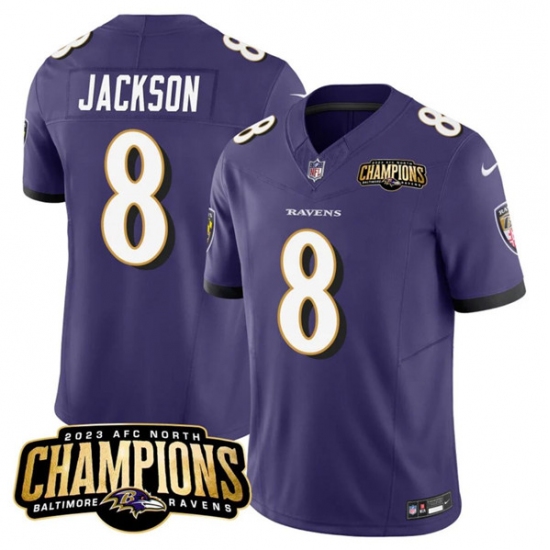 Men's Baltimore Ravens #8 Lamar Jackson Purple 2023 F.U.S.E. AFC North Champions Vapor Limited Football Stitched Jersey - Ujersey