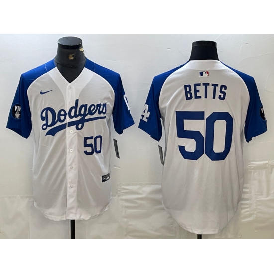Men's Los Angeles Dodgers #50 Mookie Betts Number White Blue Fashion Stitched Cool Base Limited Jersey - ujerseystore