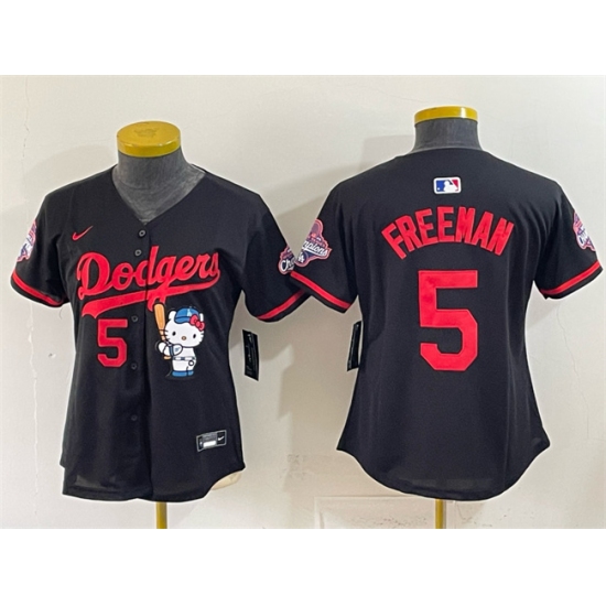 Women's Los Angeles Dodgers #5 Freddie Freeman Black Hello Kitty Night 2025 World Series Champions Stitched Baseball Jersey(Run Small) - Ujersey