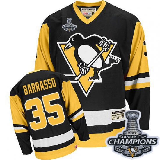 Men's CCM Pittsburgh Penguins #35 Tom Barrasso Premier Black Throwback 2017 Stanley Cup Champions NHL Jersey - Ujersey