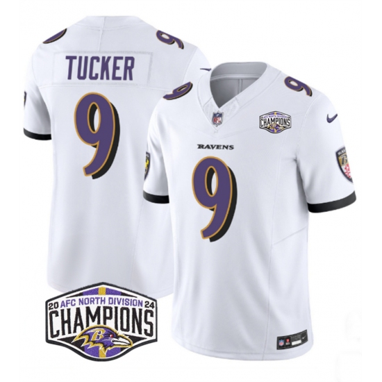 Men's Baltimore Ravens #9 Justin Tucker White F.U.S.E 2024 AFC North Division Champions Vapor Limited Football Jersey - Ujersey