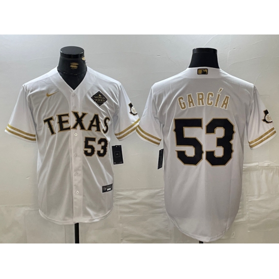 Men's Texas Rangers #53 Adolis Garcia Number White Gold Cool Base Stitched Baseball Jersey - Ujersey