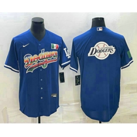 Men's Los Angeles Dodgers Big Logo Rainbow Blue Cool Base Nike Jersey2 - Ujersey