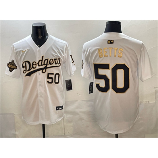 Men's Los Angeles Dodgers #50 Mookie Betts White Gold 2025 World Series Champions Limited Stitched Baseball Jersey - Ujersey