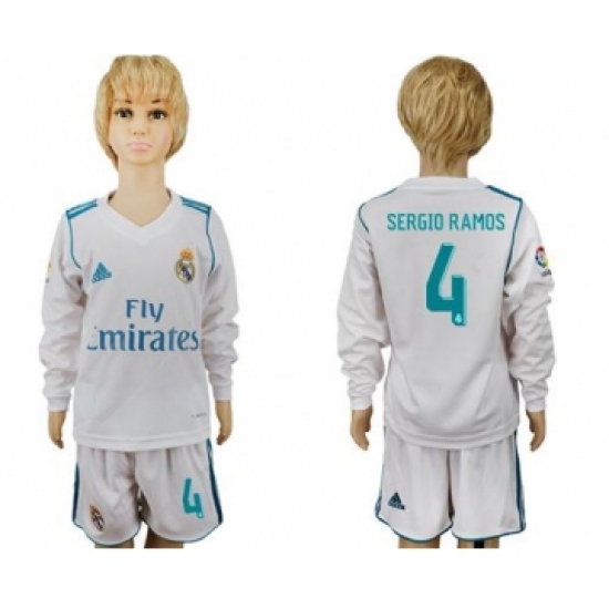 Real Madrid #4 Sergio Ramos Home Long Sleeves Kid Soccer Club Jersey