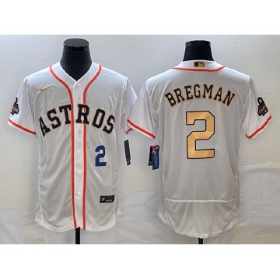 Men's Houston Astros #2 Alex Bregman Number 2023 White Gold World Serise Champions Flex Base Stitched Jersey - Ujersey