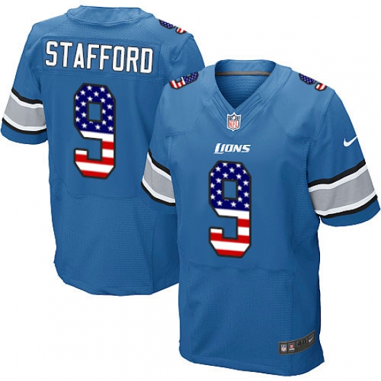 Men's Nike Detroit Lions #9 Matthew Stafford Elite Blue Home USA Flag Fashion NFL Jersey - ujerseystore