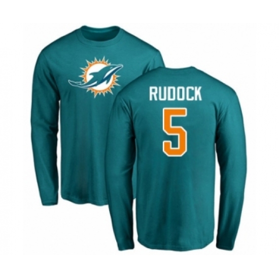 Football Miami Dolphins #5 Jake Rudock Aqua Green Name & Number Logo Long Sleeve T-Shirt - Ujersey