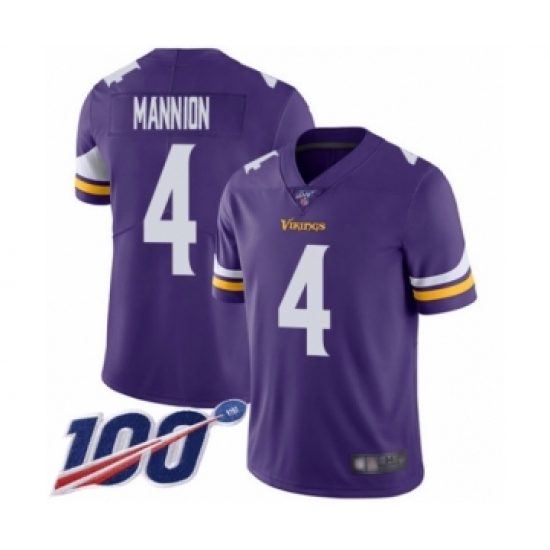 Men's Minnesota Vikings #4 Sean Mannion Purple Team Color Vapor Untouchable Limited Player 100th Season Football Jersey - Ujersey
