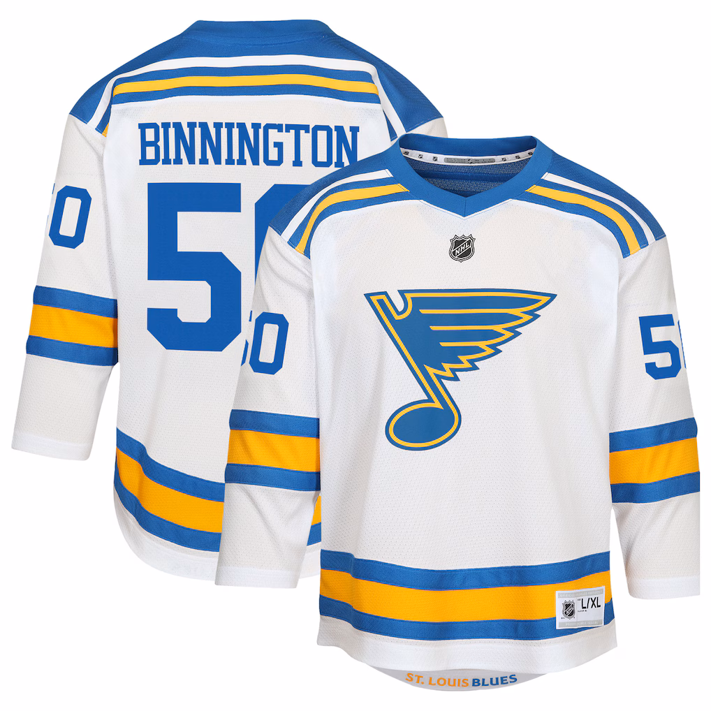 Youth St. Louis Blues Jordan Binnington White Away Replica Player Jersey - ujerseystore