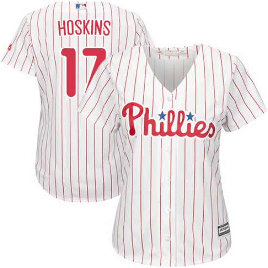Women's Majestic Philadelphia Phillies #17 Rhys Hoskins Replica White/Red Strip Home Cool Base MLB Jersey - Ujersey