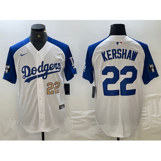 Mens Los Angeles Dodgers #22 Clayton Kershaw Number White Blue Fashion Stitched Cool Base Limited Jersey - Ujersey