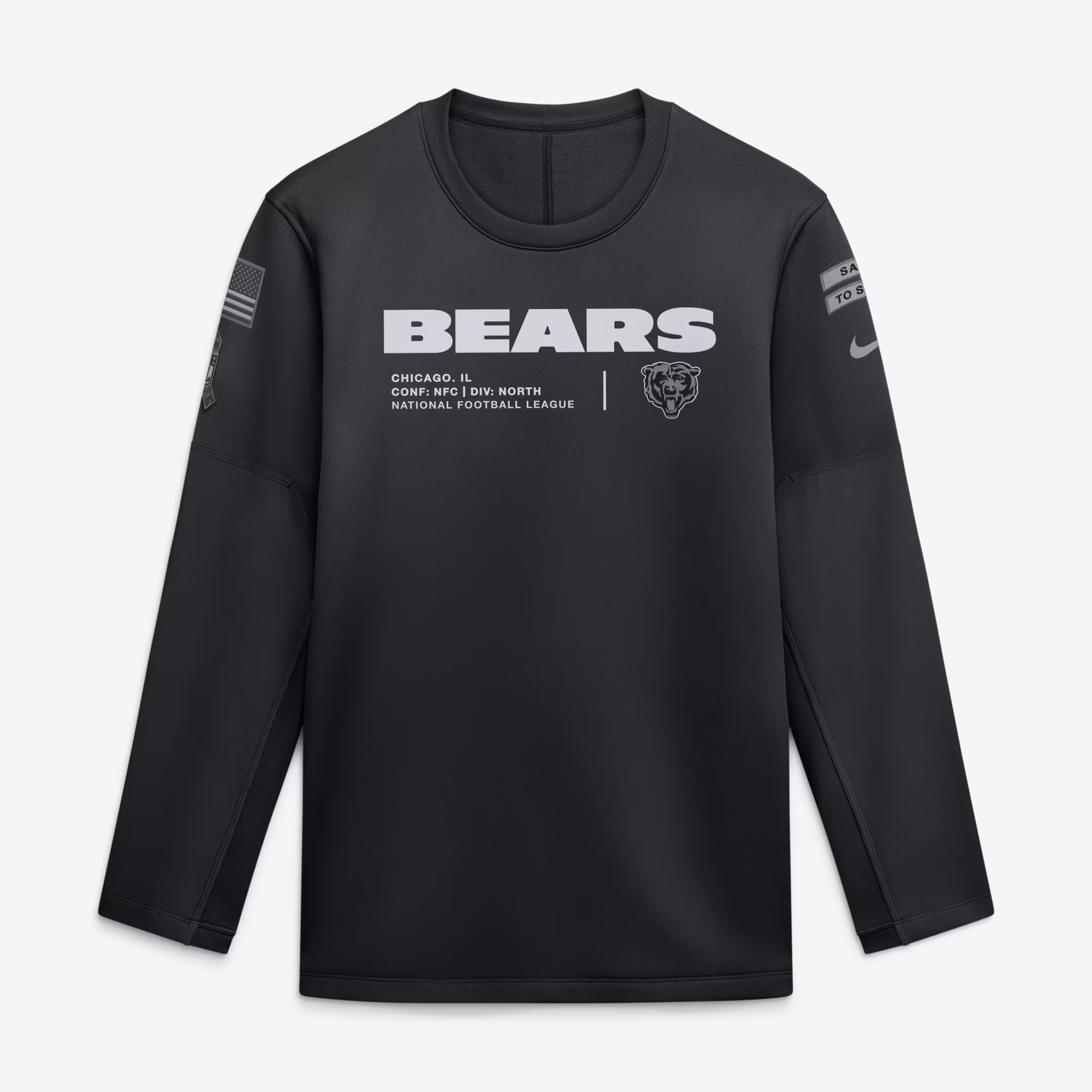 Men's Chicago Bears  Nike Black 2026 Salute to Service Sideline Coaches Crewneck Therma-FIT Sweatshirt - Ujersey Shop