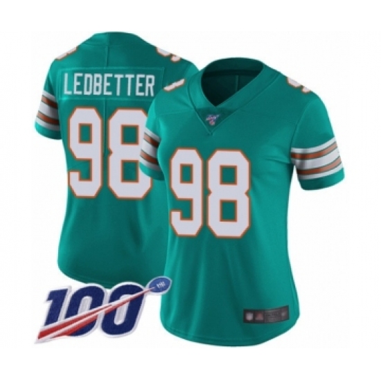 Women's Miami Dolphins #98 Jonathan Ledbetter Aqua Green Alternate Vapor Untouchable Limited Player 100th Season Football Jersey - Ujersey