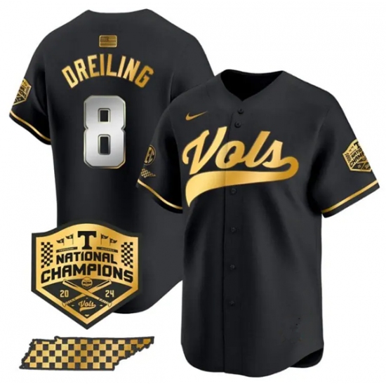 Men's Tennessee Volunteers #8 Dylan Dreiling Black Gold 2024 Champions Vapor Limited Baseball Stitched Jersey - Ujersey