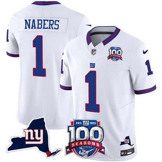 Men's New York Giants 1 Malik Nabers White 2024 F U S E 100th Season And State Vapor Limited Stitched Football Jersey - Ujersey