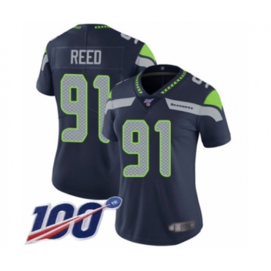 Women's Seattle Seahawks #91 Jarran Reed Navy Blue Team Color Vapor Untouchable Limited Player 100th Season Football Jersey - Ujersey