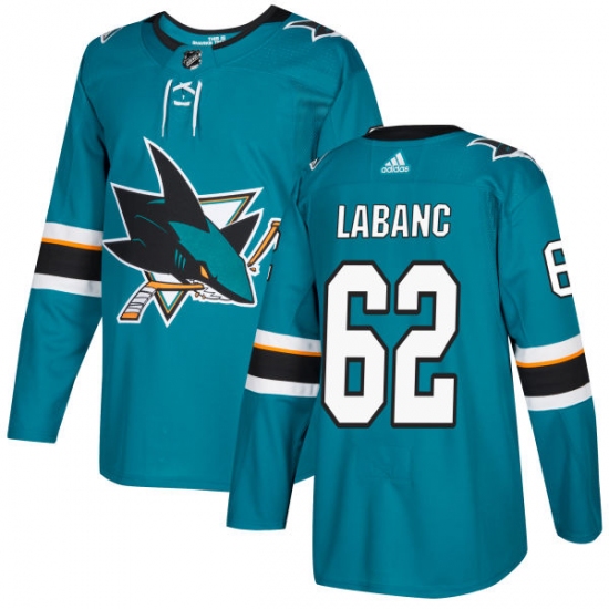 Men's Adidas San Jose Sharks #62 Kevin Labanc Premier Teal Green Home NHL Jersey - Ujersey