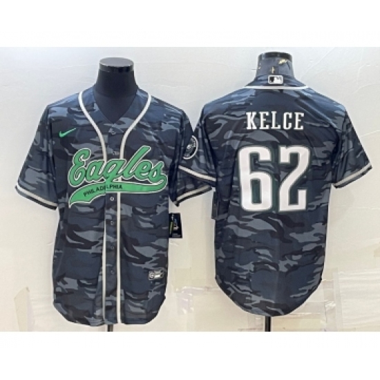 Men's Philadelphia Eagles #62 Jason Kelce Grey Camo With Patch Cool Base Stitched Baseball Jersey - Ujersey