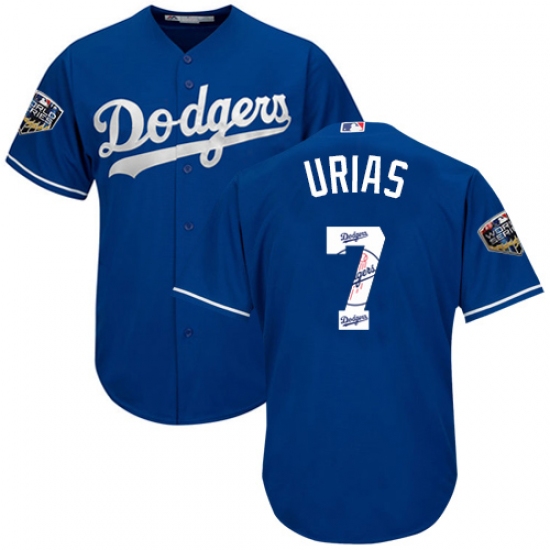 Men's Majestic Los Angeles Dodgers #7 Julio Urias Authentic Royal Blue Team Logo Fashion Cool Base 2018 World Series MLB Jersey - Ujersey