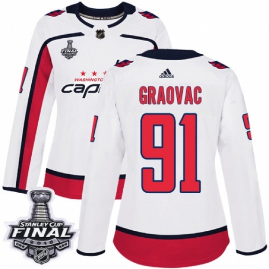 Women's Adidas Washington Capitals #91 Tyler Graovac Authentic White Away 2018 Stanley Cup Final NHL Jersey - Ujersey