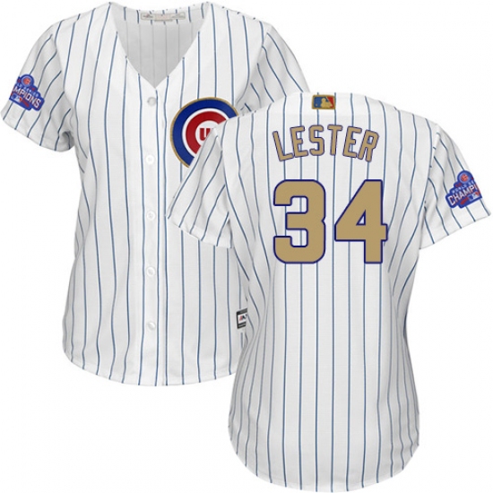 Women's Majestic Chicago Cubs #34 Jon Lester Authentic White 2017 Gold Program MLB Jersey - Ujersey
